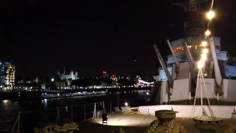 HMS Belfast at night Stock Footage 75906799