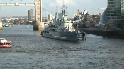 HMS Belfast on river Thames 03 Video stock 35596460
