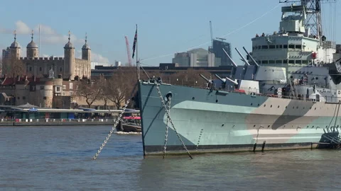 HMS Belfast on the River Thames Video stock 173455995