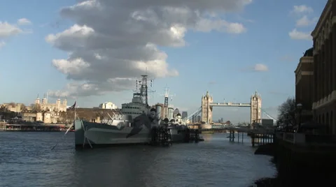 HMS Belfast with Tower Bridge and Tower of London 1 Video stock 35596359