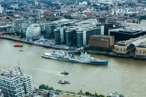 HMS Belfast, town-class light cruiser, moored as a museum ship on the River T Stock Photos