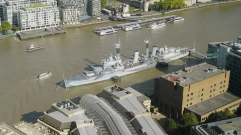 HMS Belfast War Ship Tilt To Drone Shot London Stock-Footage 239707969