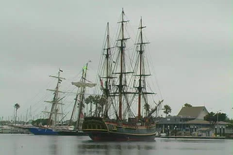 HMS Bounty preparing to leave dock and enter channel Stock Footage 12446931