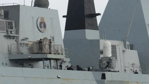 HMS COUNTLESS AIR DEFENCE DESTROYER PORT GUNS Stock Footage 254323030