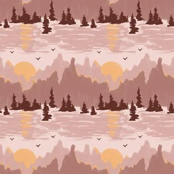 Hnd drawn seamless pattern with beige brown mountain range peaks, yellow sun Stock Illustration