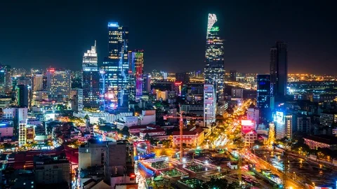 Ho Chi Minh City aka Saigon Skyline at Night, Vietnam, Time Lapse - Zoom Out Stock Footage 95919085