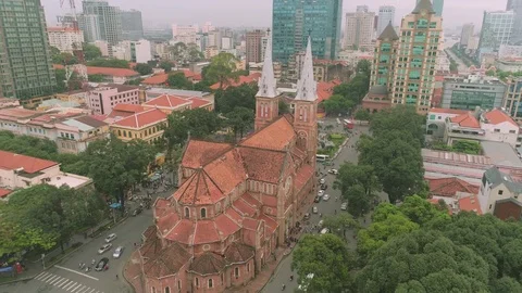Ho Chi Minh Vientam Catholic church Notre Dame Basilica Saigon Aerial 库存影片 80928558