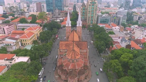Ho Chi Minh Vientam Catholic church Notre Dame Basilica Aerial Stock Footage 80928714
