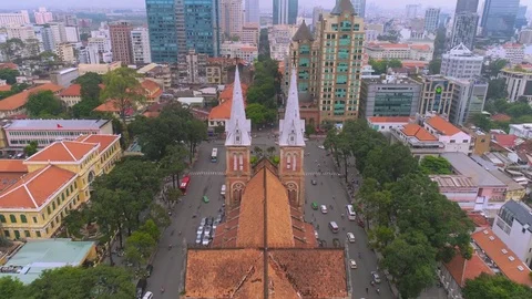 Ho Chi Minh Vientam Catholic church in the centre Aerial Stock Footage 80928809