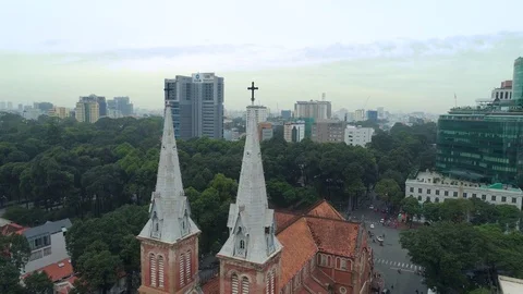 Ho Chi Minh Vientam Catholic church Notre Dame Aerial Close Stock Footage 80928964