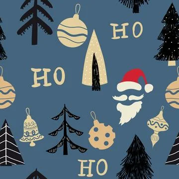 Ho ho ho seamless pattern, Santa Claus laugh. Santa red hat, balls, mustache Stock Illustration