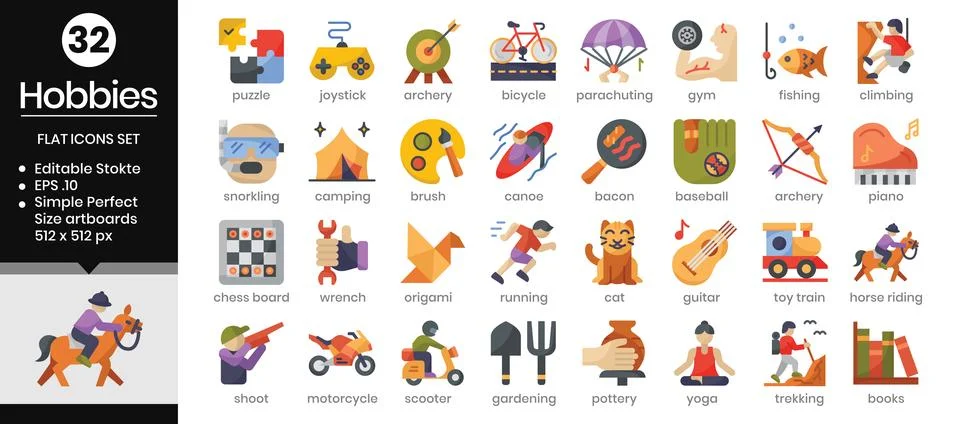 Hobbies flat icons set. イラスト素材