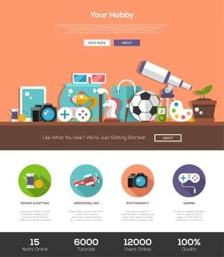 Hobbies website template with header and icons Stock Illustration