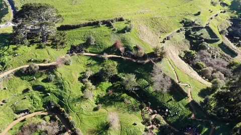 Hobbiton, Aerial, New Zealand, The Shire, Lord of the Rings, Green Dragon Stock Footage