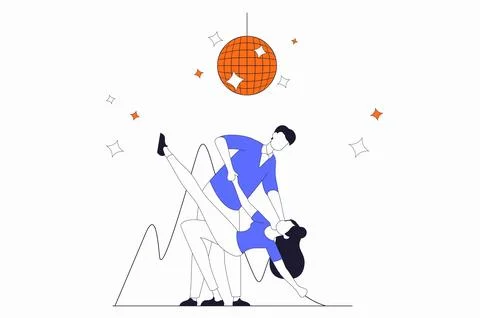 Hobby concept with people scene in flat outline design. Man and woman are e.. Stock Illustration