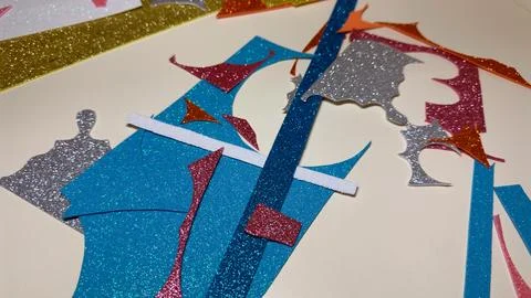 Hobby with foamiran, cutting out elements on table to create art Foto stock