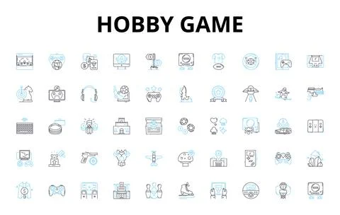 Hobby game linear icons set. Chess, Scrabble, Monopoly, Risk, Catan, Dungeons Stock Illustration