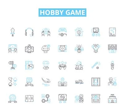 Hobby game linear icons set. Chess, Scrabble, Monopoly, Risk, Catan, Dungeons Stock Illustration