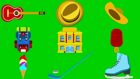 Hobby items on green screen featuring guitar coin hat robot temple icecream 스톡 동영상 334704092