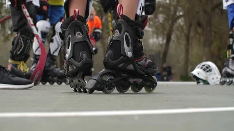 Hobby Kids inline skating skaters Roller Hockey game stadium sport court Stock Footage 86123963