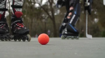 Hobby Kids inline skating skaters Roller Hockey game stadium sport court Stock Footage 86124044