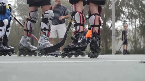Hobby Kids inline skating skaters Roller Hockey game stadium sport court Stock Footage 86131448