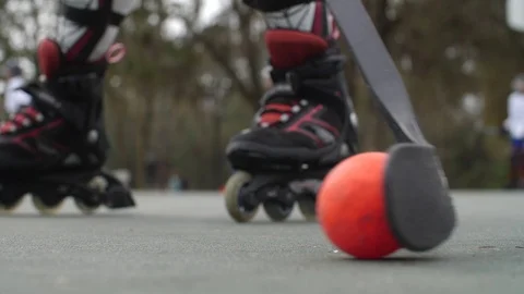 Hobby Kids inline skating skaters Roller Hockey game stadium sport court Stock Footage 86132566