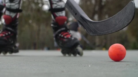Hobby Kids inline skating skaters Roller Hockey game stadium sport court Stock Footage 86132733