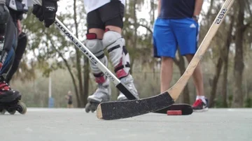 Hobby Kids inline skating skaters Roller Hockey game stadium sport court Stock Footage 86133785