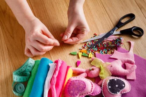 Hobby leisure concept. Needlework objects Stock Photos