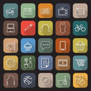 Hobby line flat icons with long shadow Stock Illustration