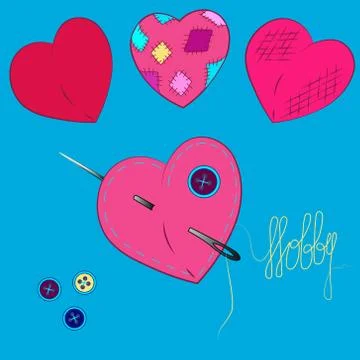 Hobby sewing. Set stitched different four hearts from handmade fabric with pa Stockillustratie