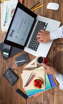 Hobby time concept vertical Man working computer Stock Photos