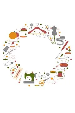 Hobby tools in round circular frame. Handmade icons set Stock Illustration