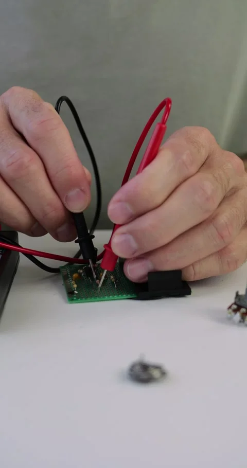Hobbyist tests electronics in home workshop close-up. Man checks circuit board Stock Footage 331199171
