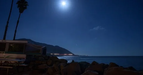 Hobson CP, CA, USA - Pacific Coast Highway 1 at night - Timelapse zoom in Stock Footage 75282396