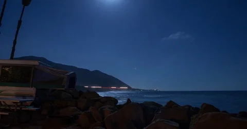 Hobson CP, CA, USA - Pacific Coast Highway 1 at night - Timelapse pan left Stock Footage 75282420