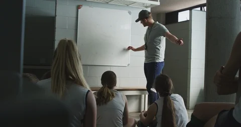 Hockey coach explaining game plan with female players in locker room Stock-Footage 124591728