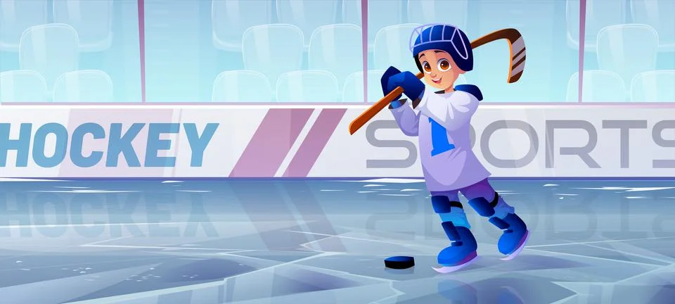 Hockey ice rink with boy player in skates Stock Illustration