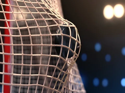Hockey puck flies into the net Stock Footage 80231349