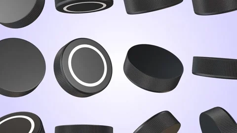 Hockey Pucks Falling on a Light Background. 3D Hockey Punk Animation. 4K Stock Footage 294888977