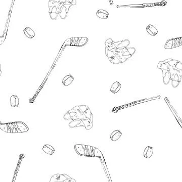 Hockey set seamless pattern. Vector illustration of a hockey stick, helmet, p Stock Illustration