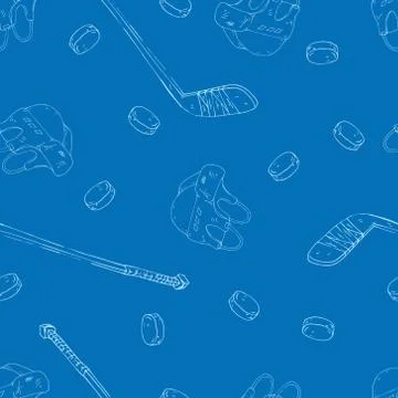 Hockey set seamless pattern. Vector illustration of a hockey stick, helmet, p Stock Illustration