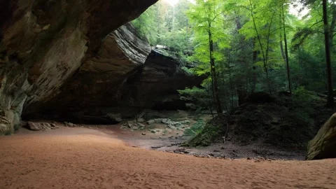 Hocking Hills Ash Cave Aerial Tour Lush Forest Hiking Trail Scenic View Stock Footage 256172441