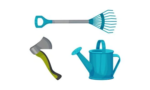 Hoe or Rake and Watering Can as Garden Tools and Equipment Vector Set Illustrazione stock