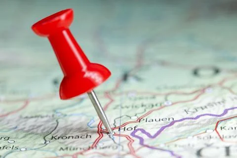 Hof pin on map of Germany Stock Photos