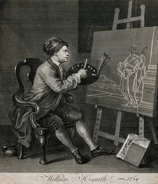 Hogarth painting the comic muse. Etching after W. Hogarth. Stock Illustration