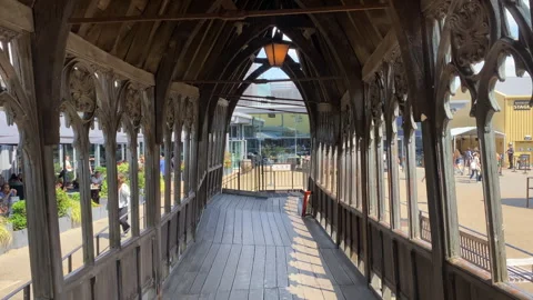 Hogwarts Bridge walkway set in the Harry Potter Studio Tour London Stock Footage 324819792