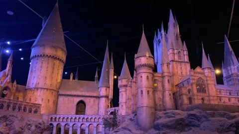 Hogwarts Castle Scale Model at night in the Harry Potter Studio Tour Stock Footage 326660527