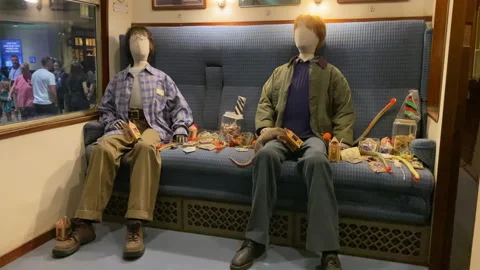 Hogwarts Express compartment with Harry Potter and Ron Weasley Stock Footage 324819681
